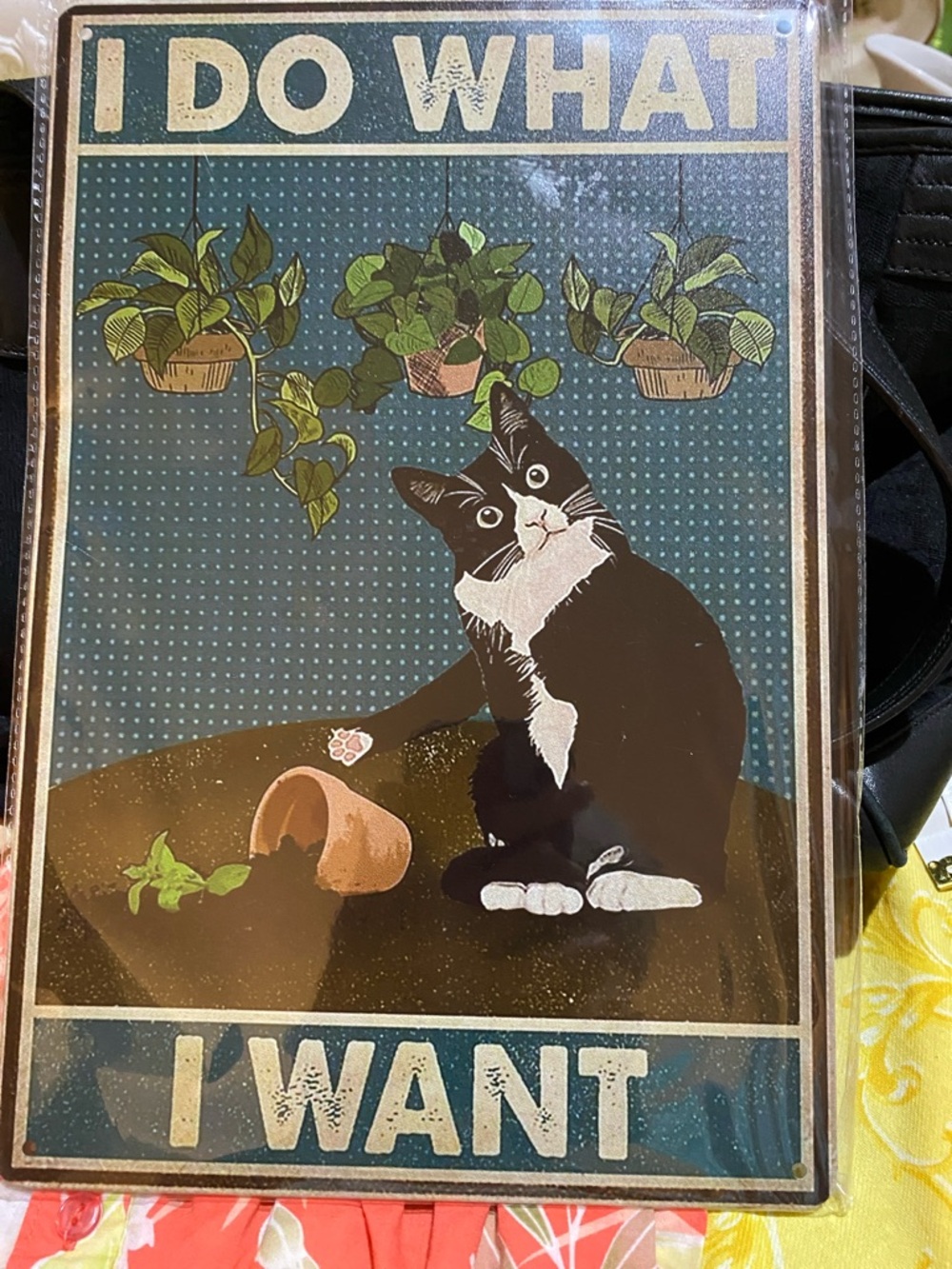 Metal Hanging Sign still in Plastic Wrap. Adorable cat knocking over plant. NEW